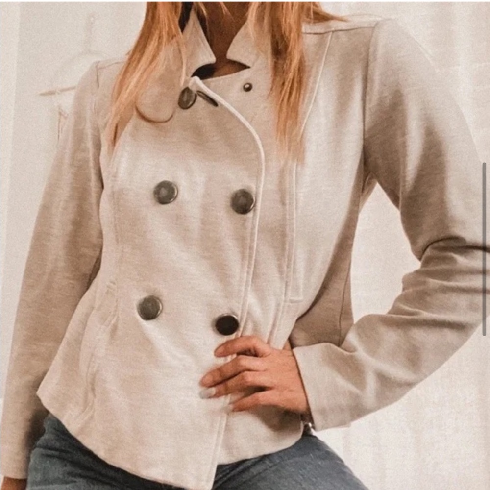 CAbi Charlie Double Breasted Moto Coat Jacket Oatmeal Brown Cream 3028 Sz M - Picture 4 of 11